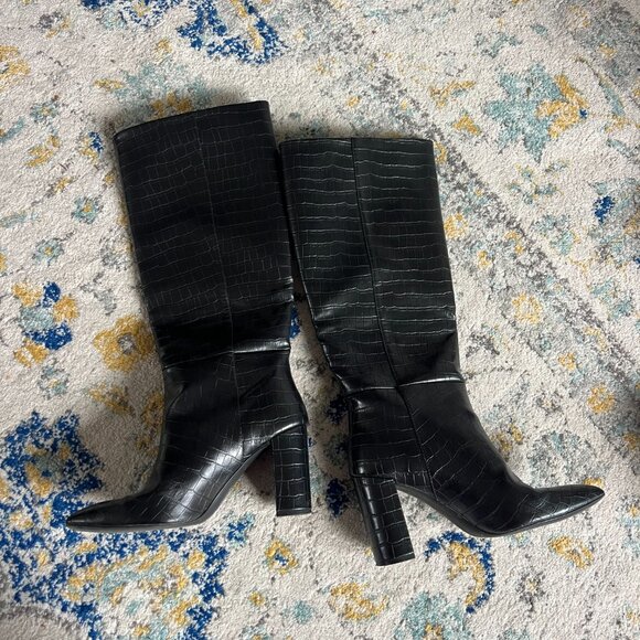 Black (faux) Croc Leather Knee High Boots - Picture 6 of 6